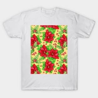 Poinsettia and holly berry watercolor Christmas pattern T-Shirt